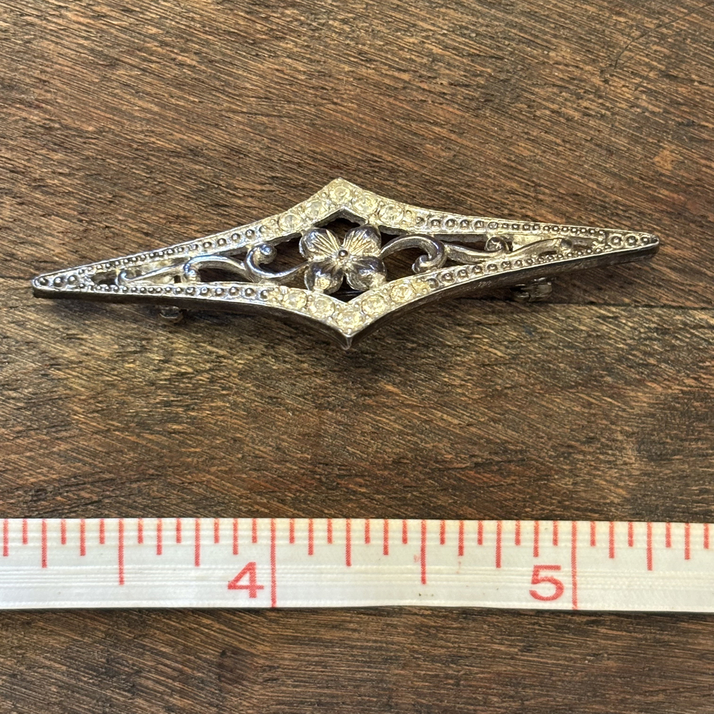 Elongated Diamond Floral Faux Diamond Brooch Silver Tone